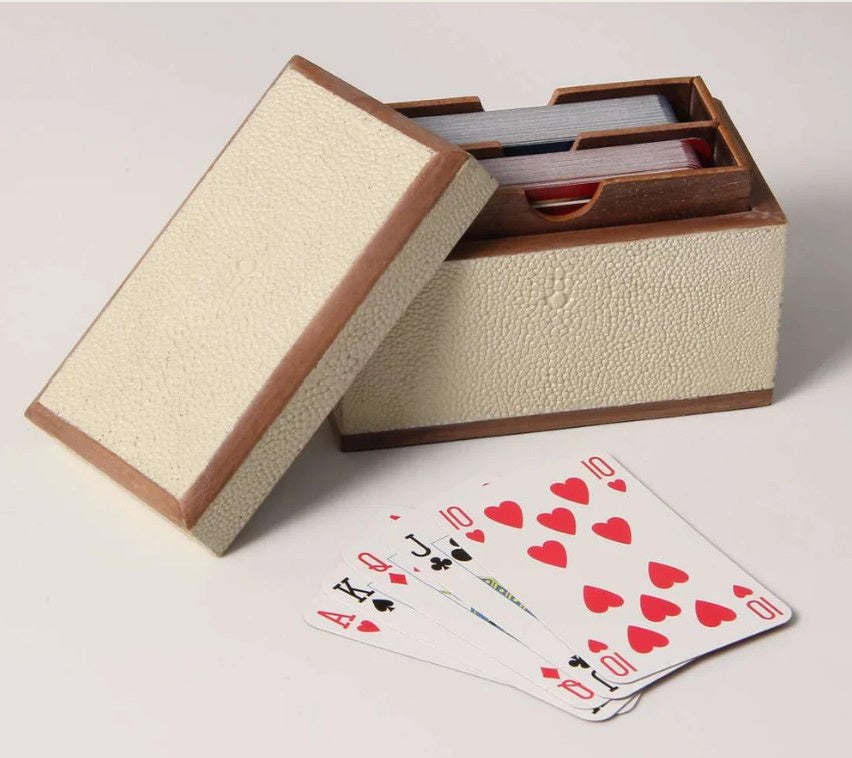 Playing card box in almond white faux shagreen with walnut wood lining, 12 x 6 x 8 cm, Forwood Design