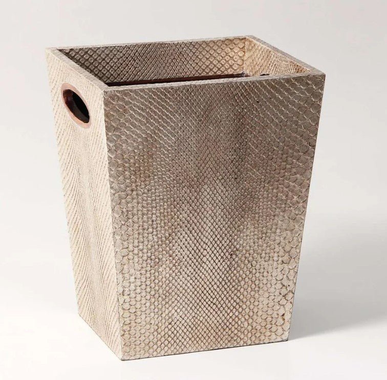 Antique silver faux boa waste bin, walnut trim, detail