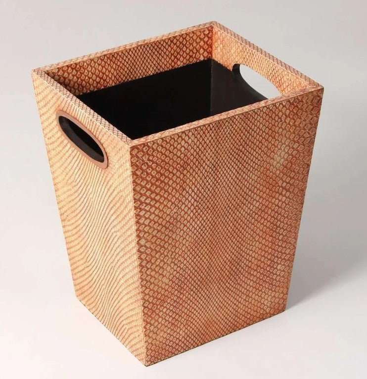 Coral faux boa waste bin, walnut trim, styled