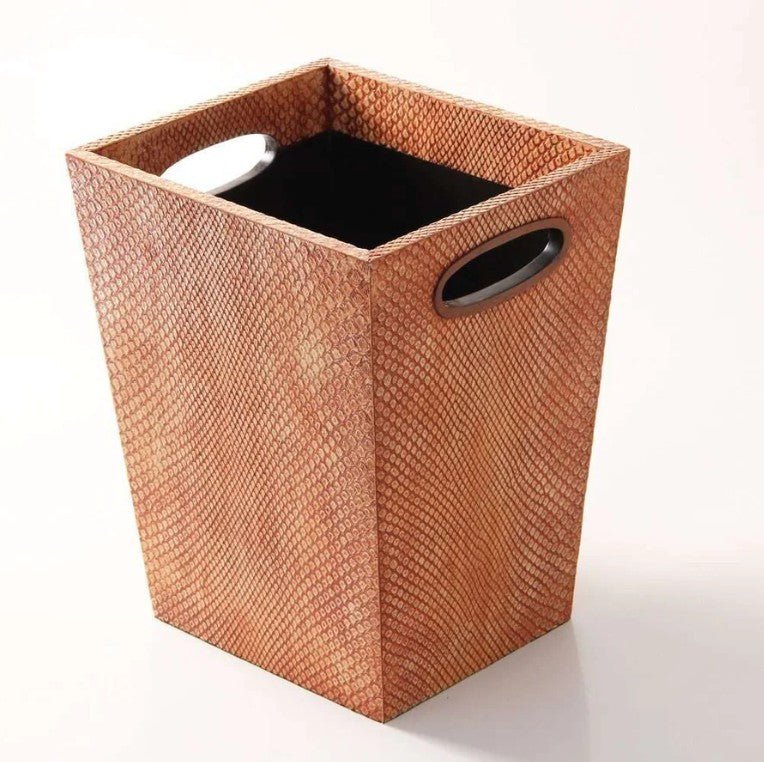 Coral faux boa waste paper bin, walnut trim, detail