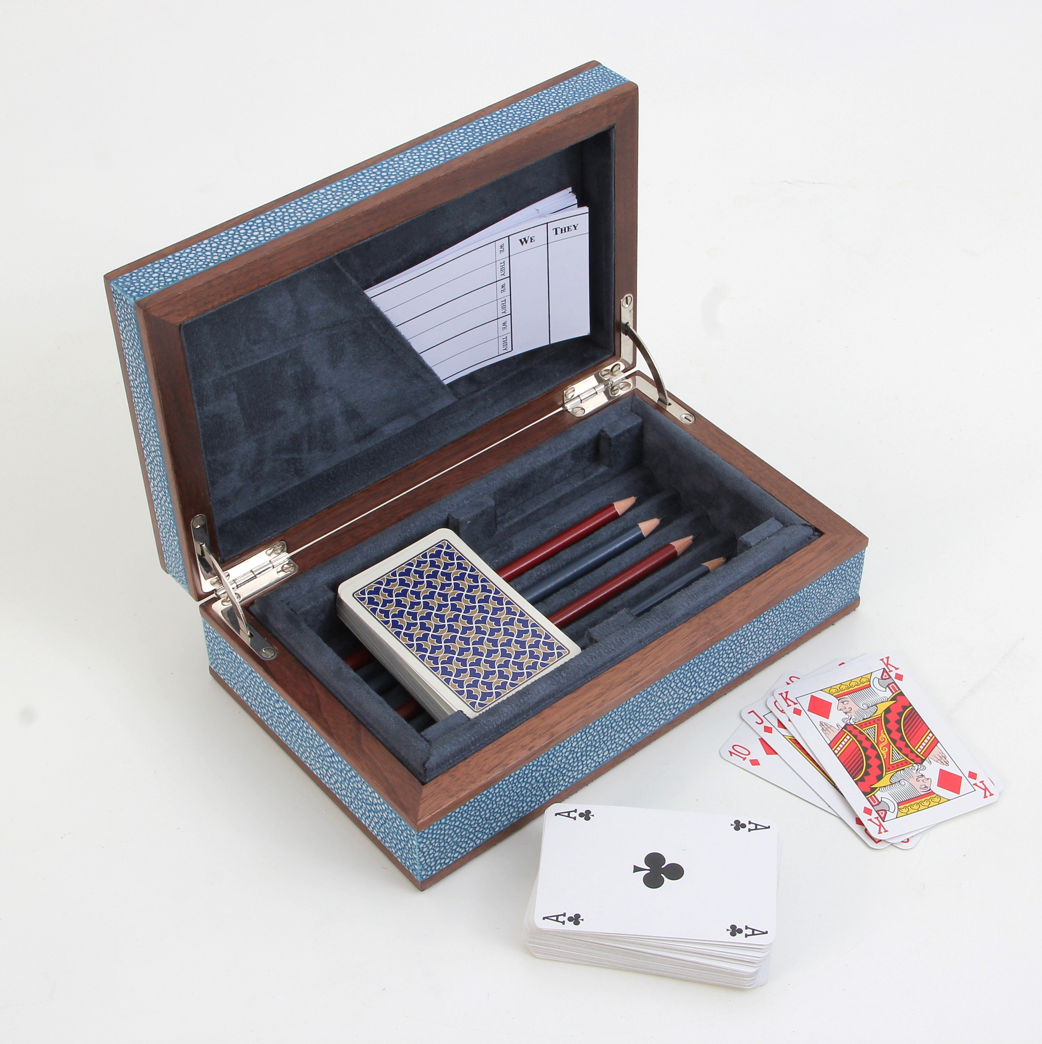Duke blue faux shagreen bridge set by Forwood Design, open showing suede lining and card contents