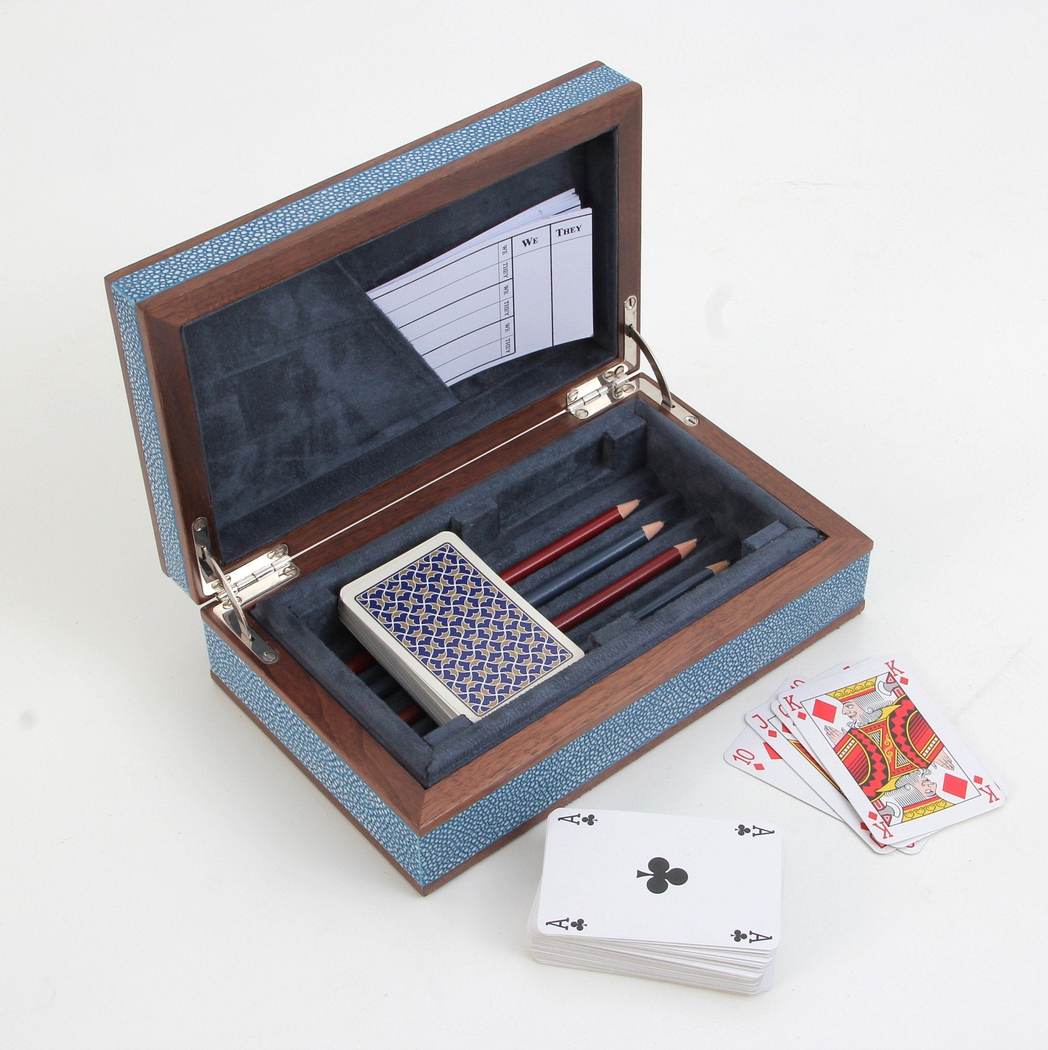 Duke blue faux shagreen bridge set by Forwood Design, open showing suede lining and card contents