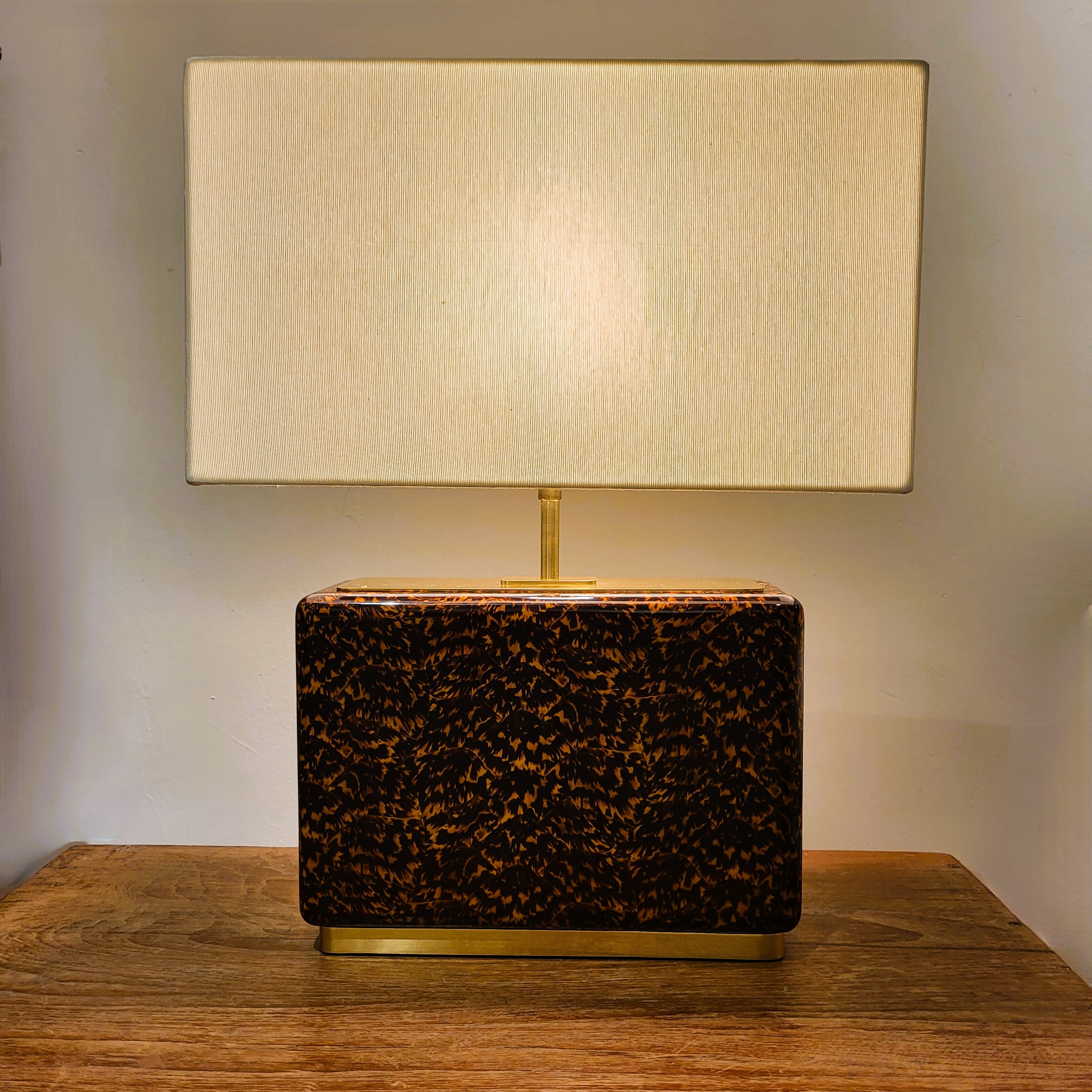 Faux tortoise shell table lamp by Forwood Design, detail of tortoiseshell print finish