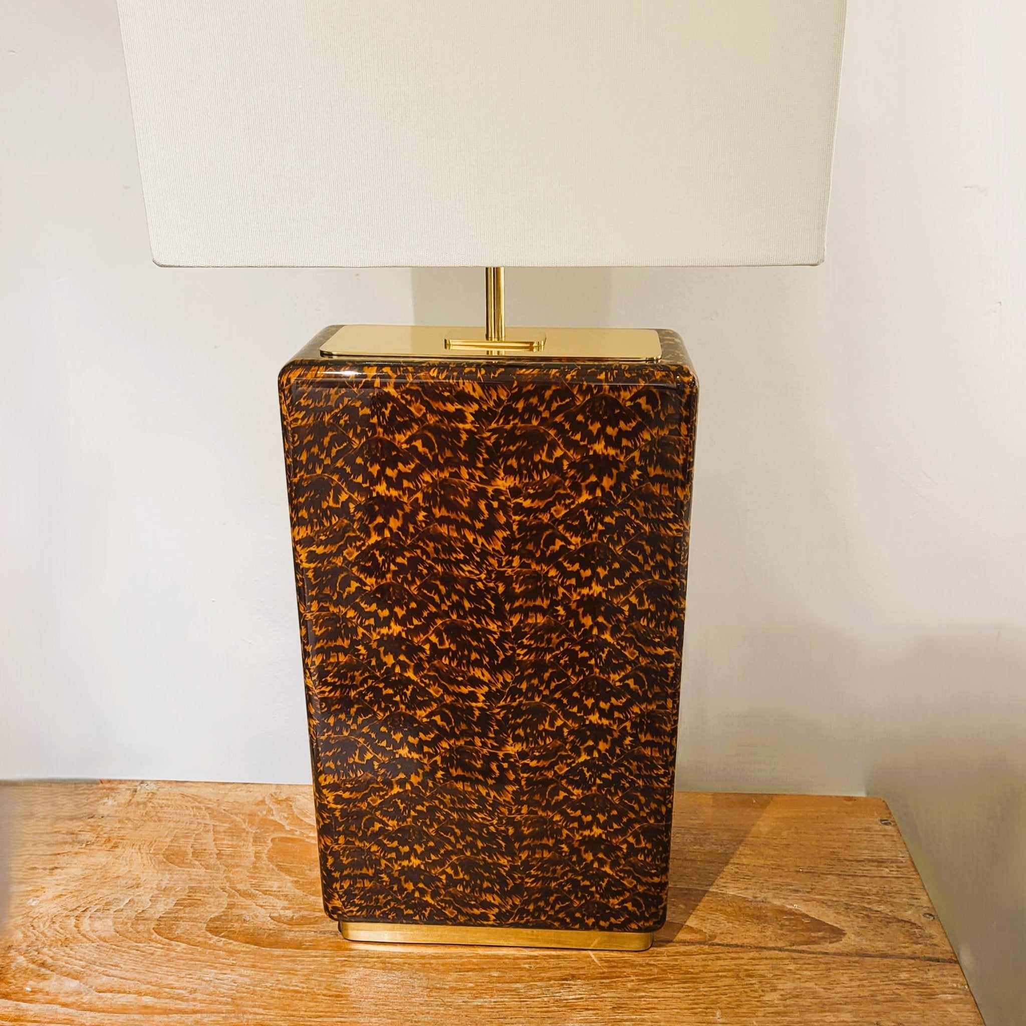 Faux tortoise shell lamp, tall version, styled in a room, Forwood Design