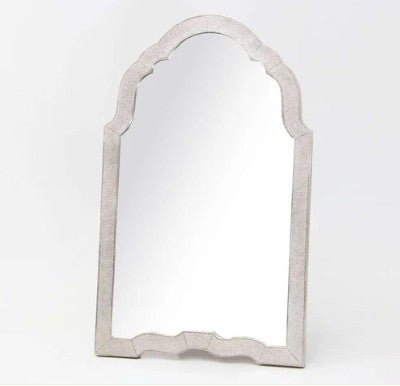 Silver faux shagreen vanity mirror, 66 x 40 x 4 cm, styled on a dressing table
