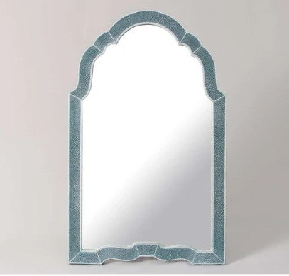 Teal faux shagreen vanity mirror, 66 x 40 x 4 cm, styled on a dressing table