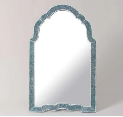 Teal faux shagreen vanity mirror, 66 x 40 x 4 cm, styled on a dressing table