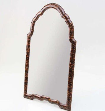 Free-standing tortoiseshell vanity mirror, amber mottled frame, detail