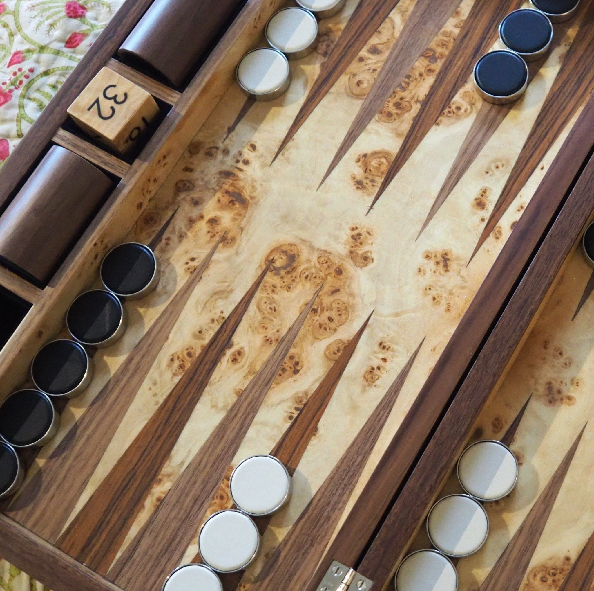 Black faux shagreen backgammon board by Forwood Design, 54 x 34 x 8 cm, playing surface detail