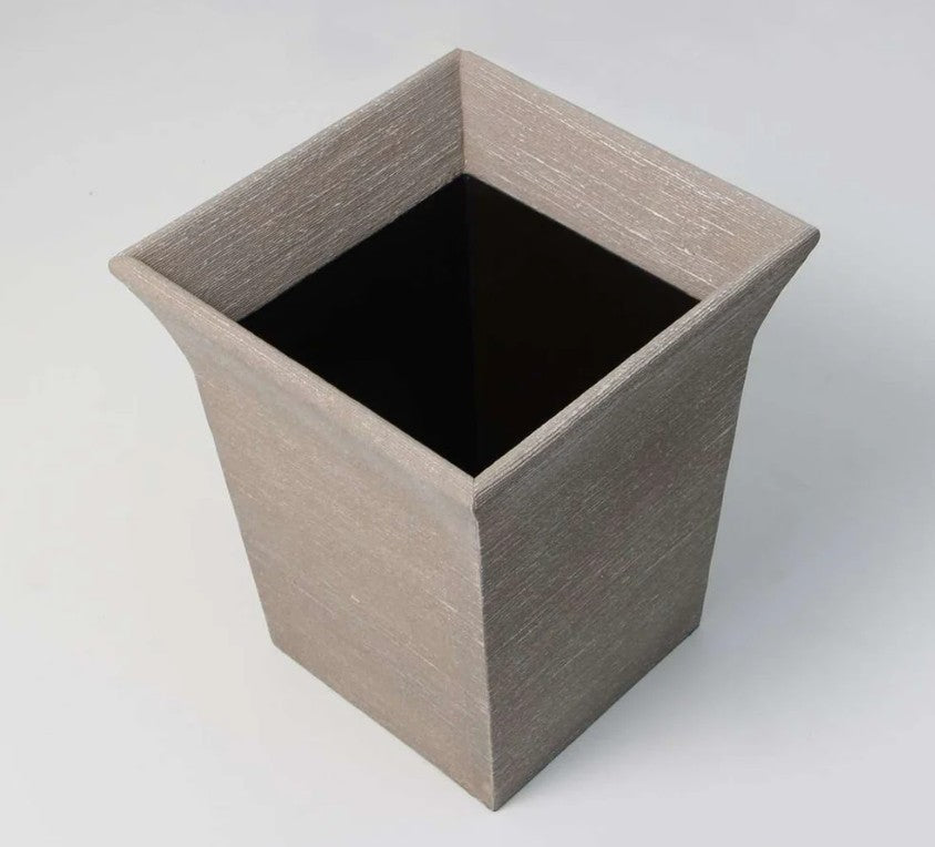 Taupe faux silk Tarka waste bin, trimmed, detail