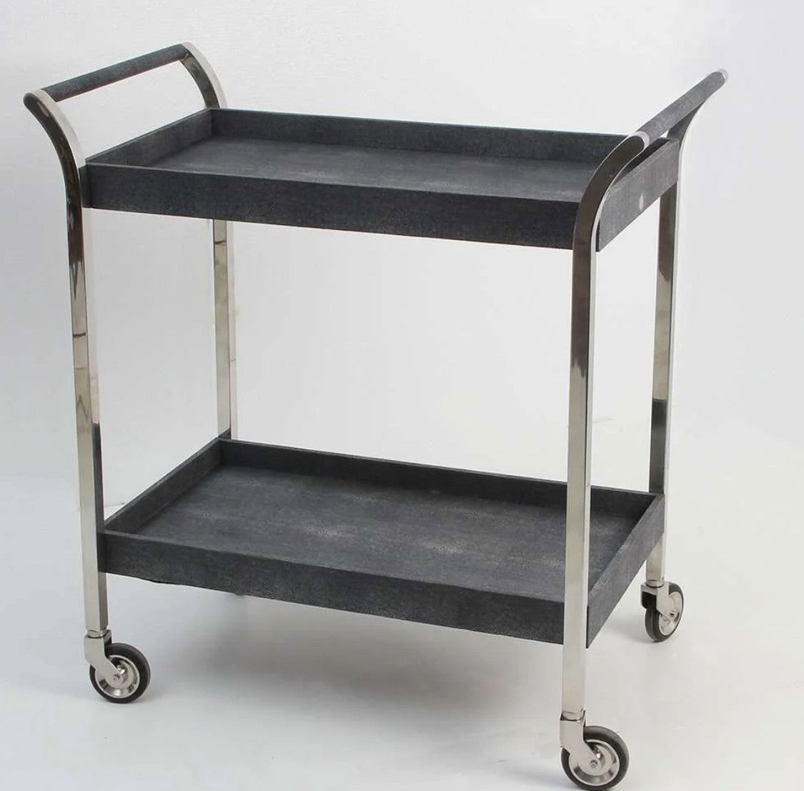 Charcoal faux shagreen Woodstock drinks trolley, engineered wheels detail