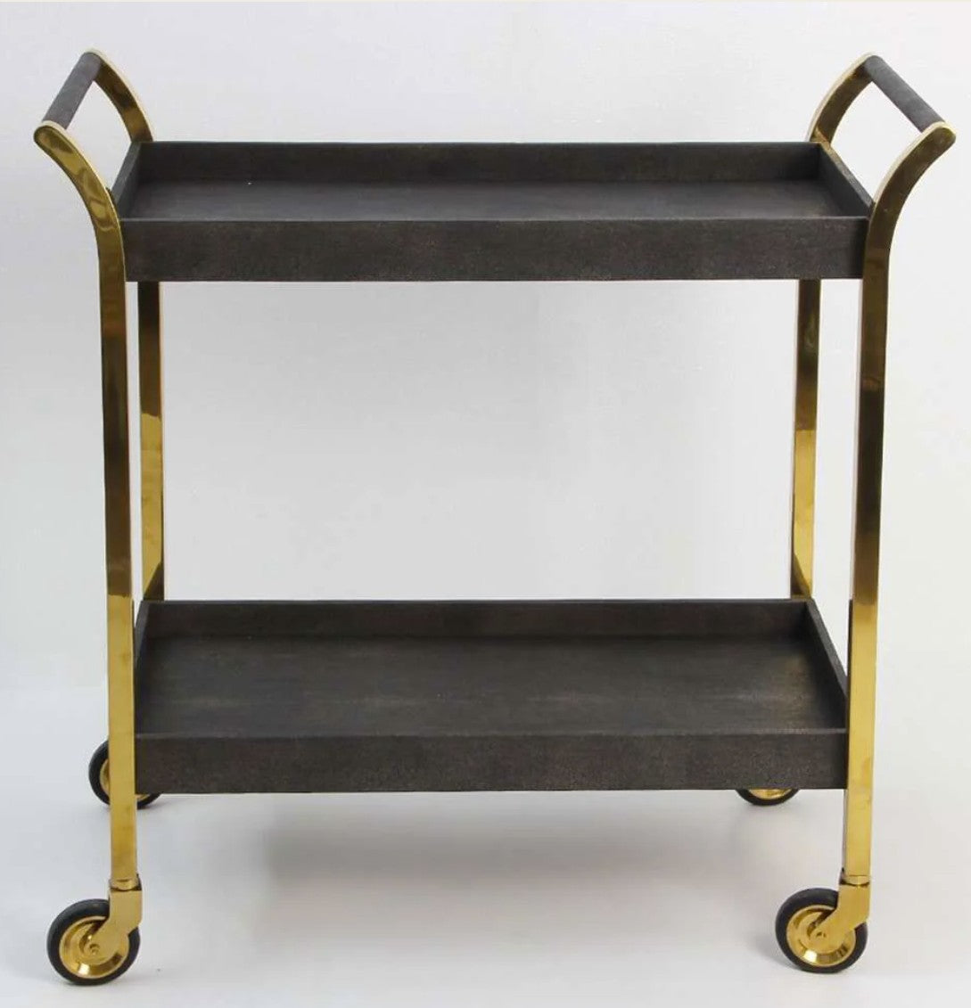 Woodstock drinks trolley in seal brown faux shagreen with brass handles, 87 x 45 x 90 cm, Forwood Design