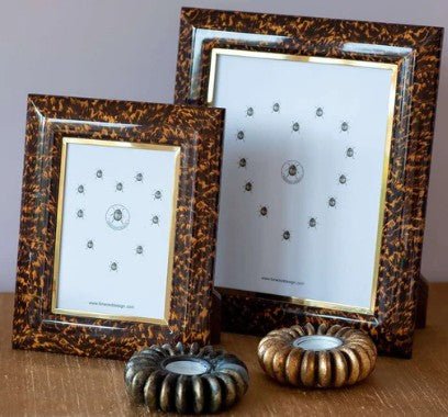 Faux tortoiseshell photo frame by Forwood Design, pair with polished brass trim and walnut backs, two sizes