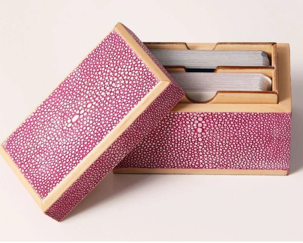 Pink faux shagreen playing card box by Forwood Design, 12 x 6 x 8 cm, open view