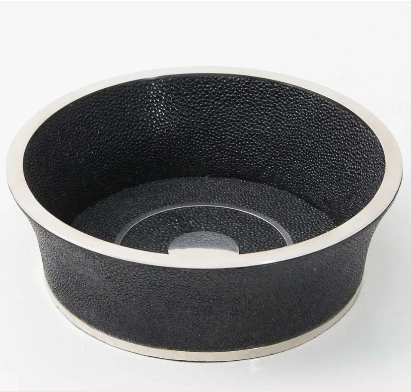 Jet black faux shagreen wine coaster by Forwood Design, 16 x 16 x 5 cm, with bottle