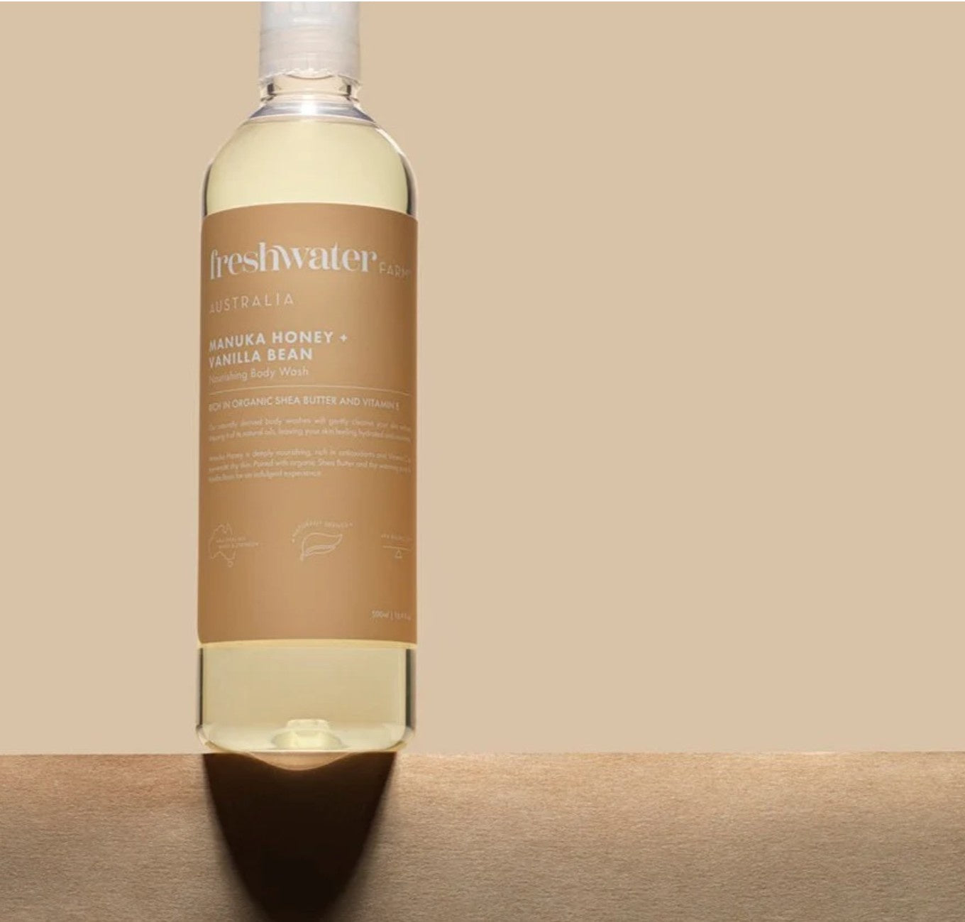 Manuka Honey and Vanilla Bean body wash, 500ml, naturally derived, vegan friendly
