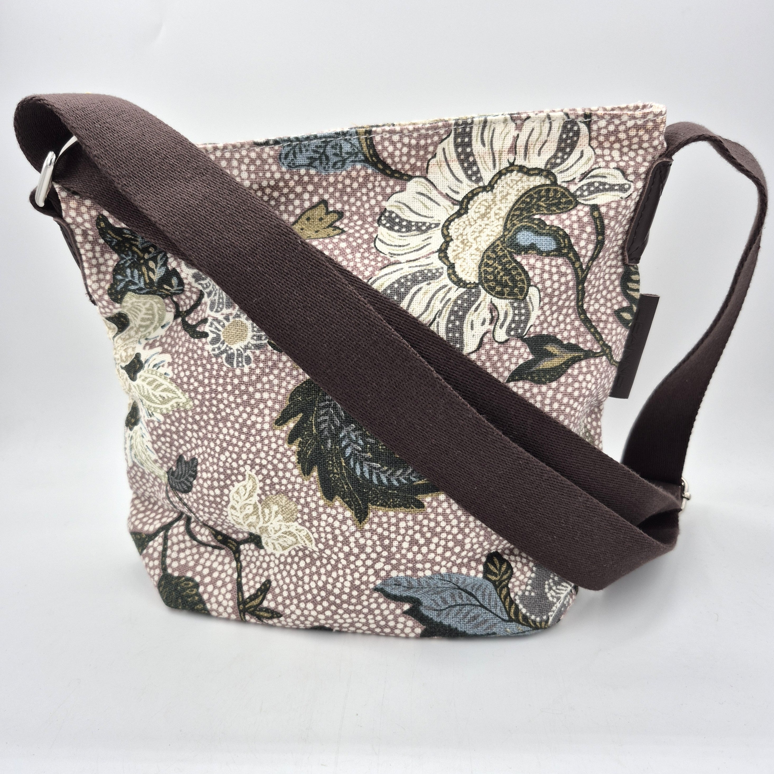 Flower Linen small shoulder bag by Ceannis, dusty pink floral linen with leather trim