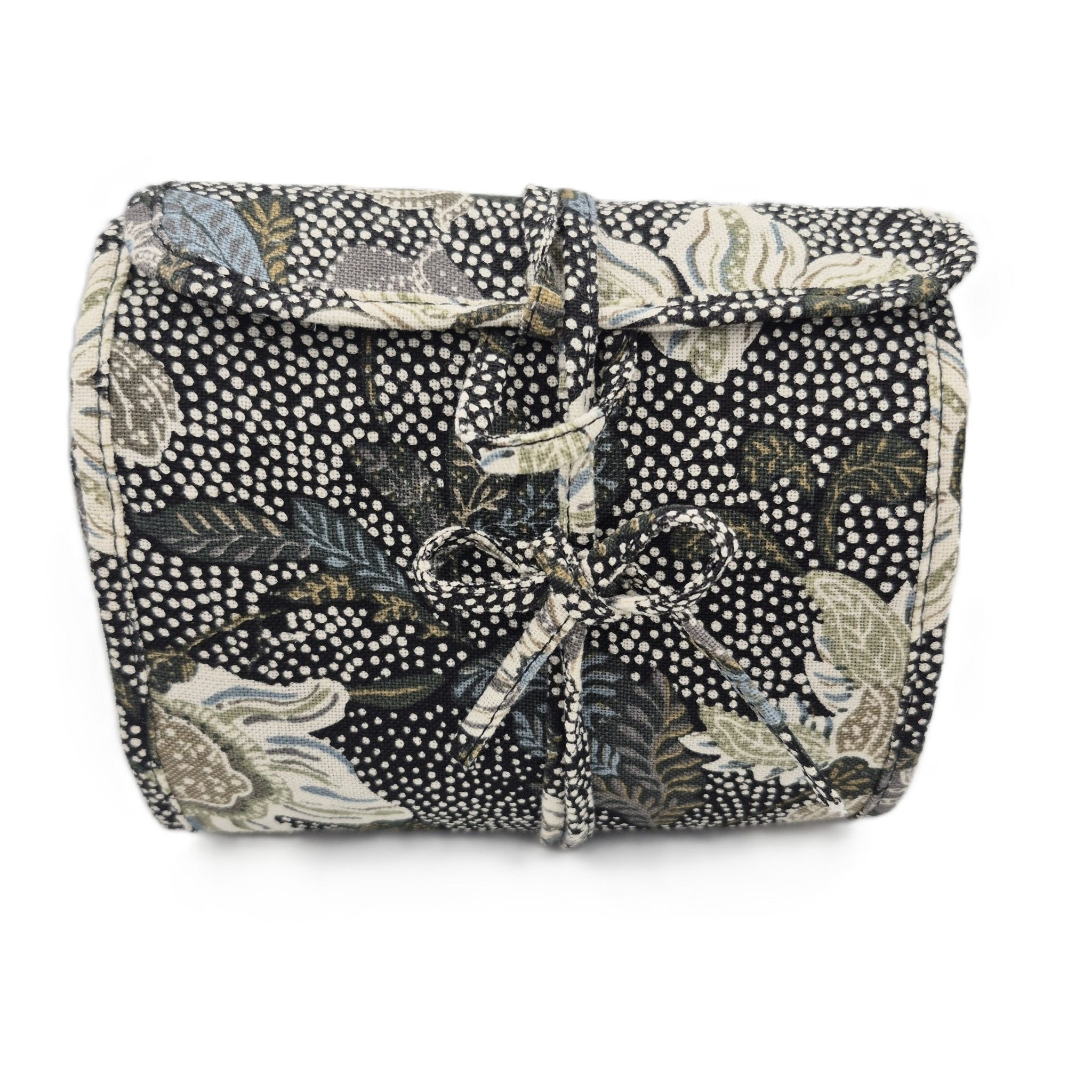 Black Flower Linen hanging cosmetic bag by Ceannis, travel organiser
