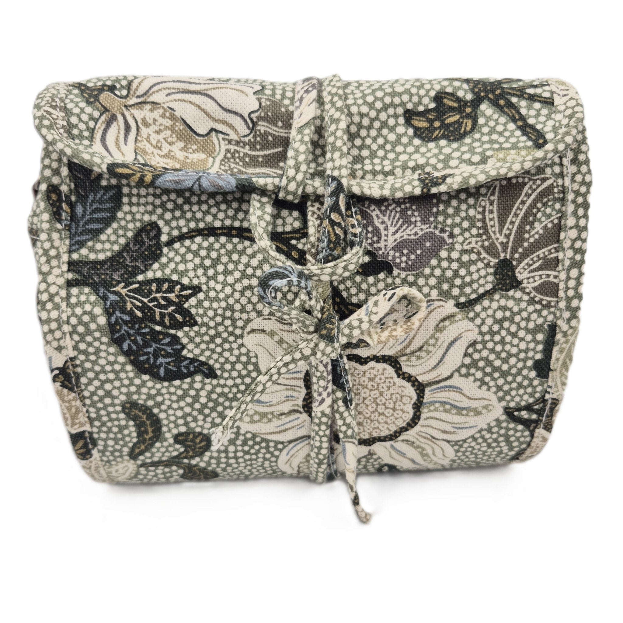 Green Flower Linen hanging wash bag by Ceannis, leather zip tags