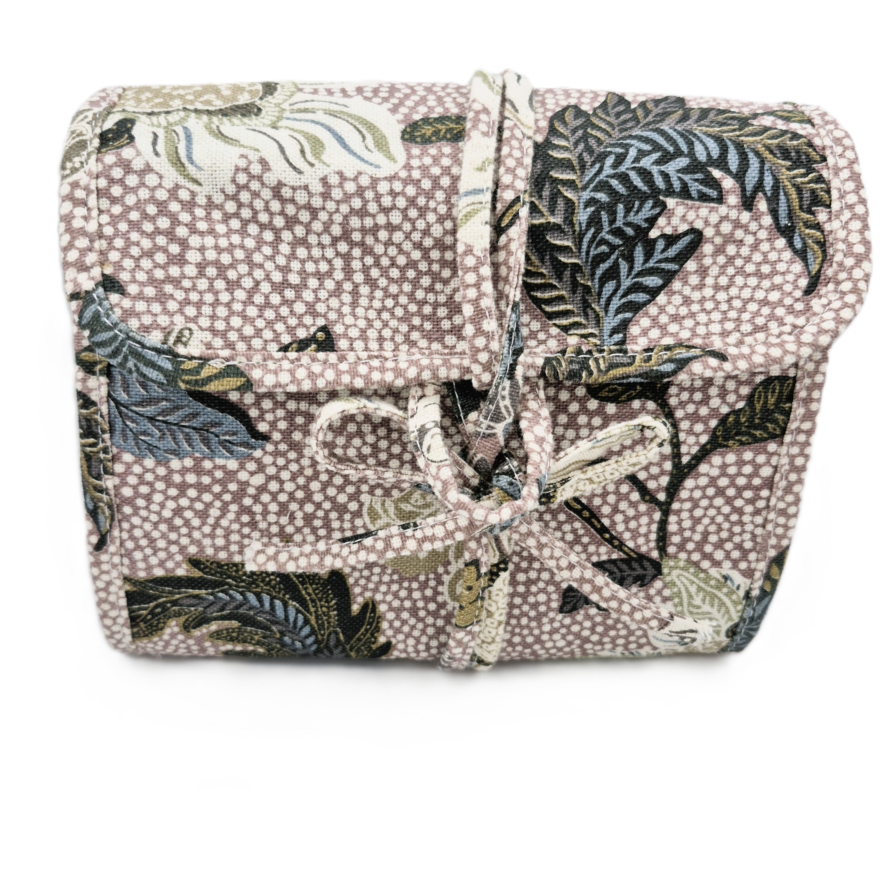 Flower Linen hanging cosmetic bag by Ceannis in dusty pink, six zipped compartments