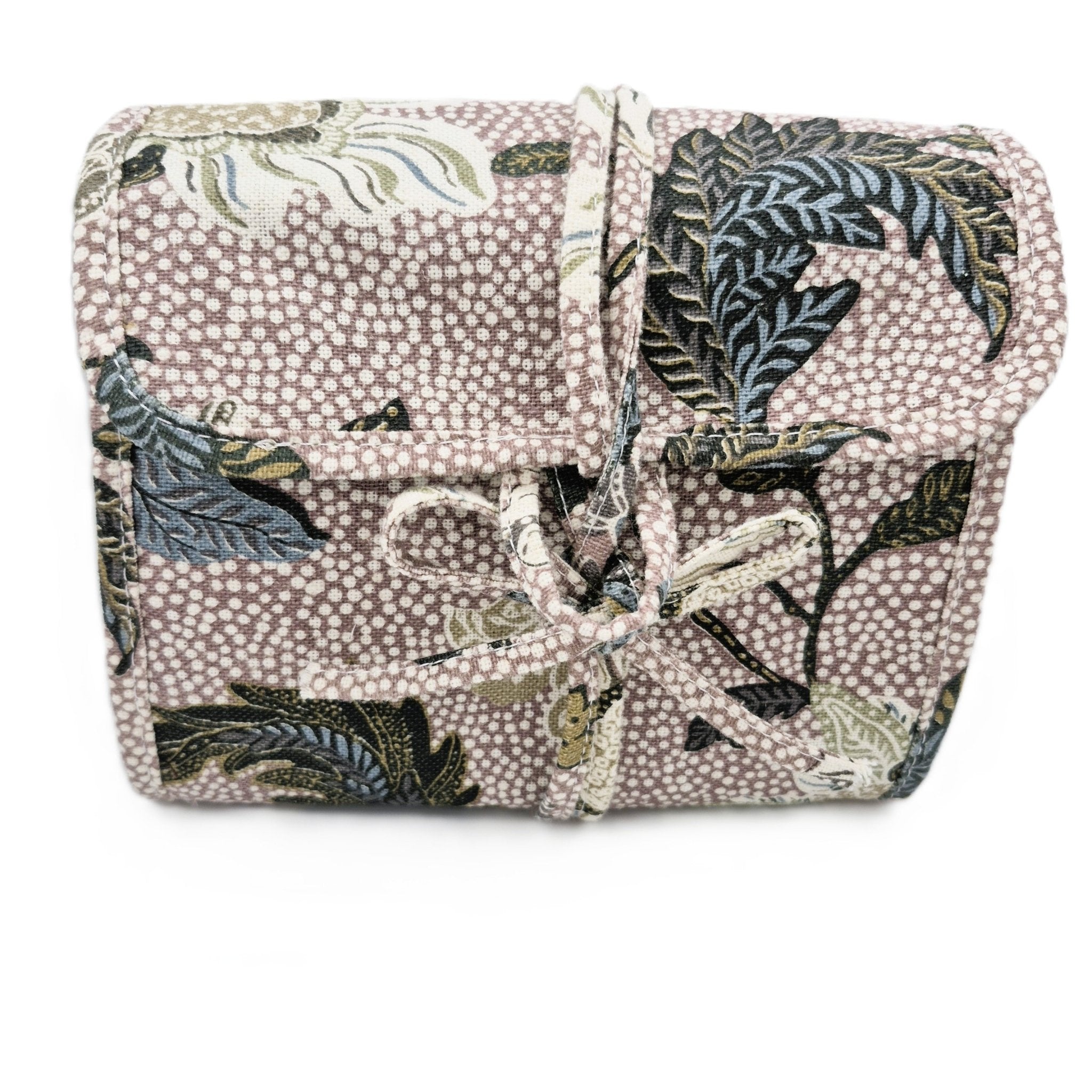 Flower Linen hanging cosmetic bag by Ceannis in dusty pink, six zipped compartments