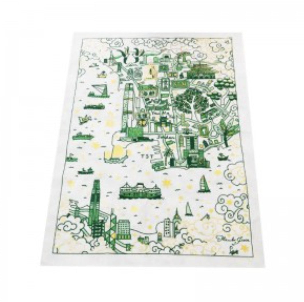Kowloon Willow linen tea towel, green and gold toile design, 48 x 70 cm