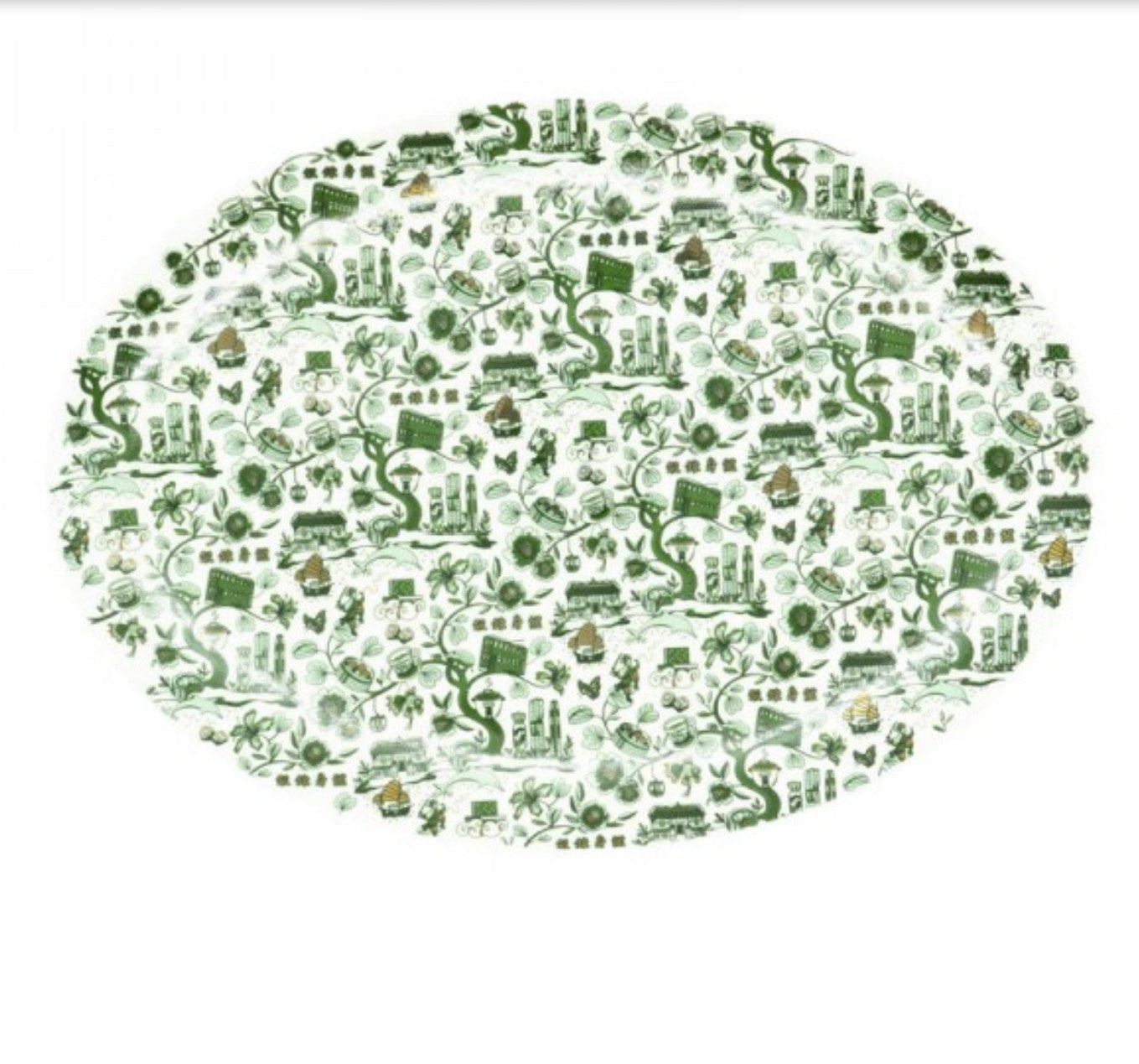 HK Toile oval platter in green and gold, fine bone china, 32 x 24 cm, Faux