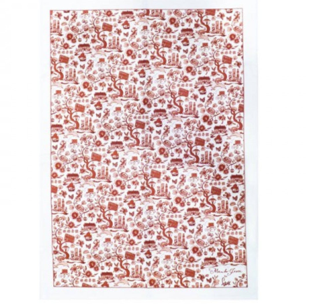 HK Toile linen tea towel in red, 48 x 70 cm, Faux