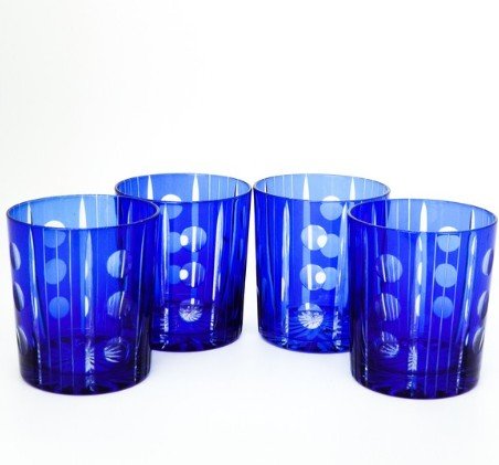 Hand-cut cobalt blue tumbler by Faux, retro Old Fashioned glass