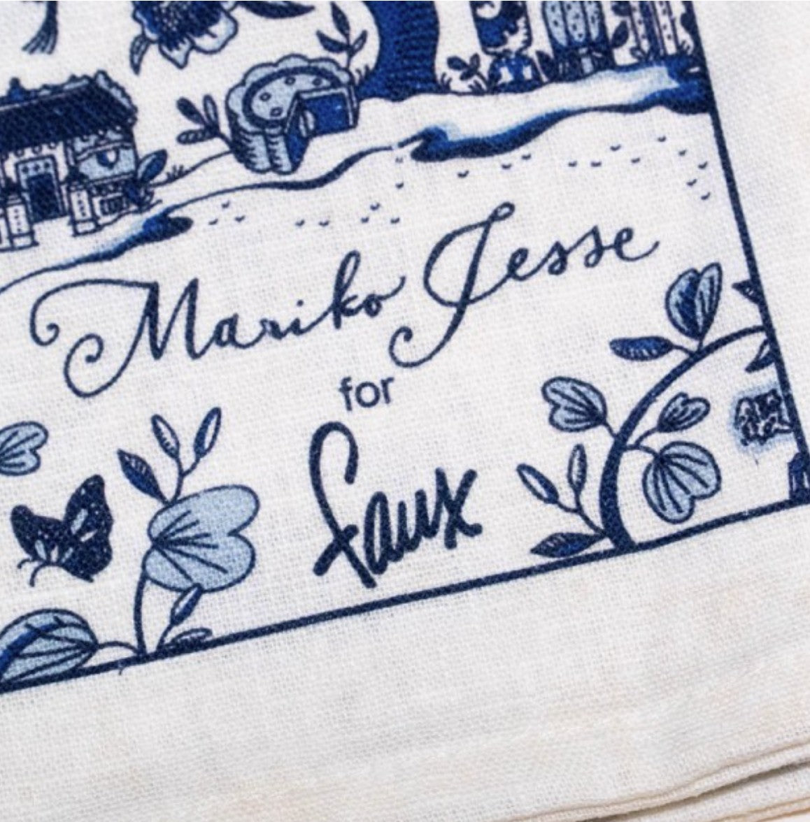 Blue HK Toile linen tea towel, highly absorbent, Faux