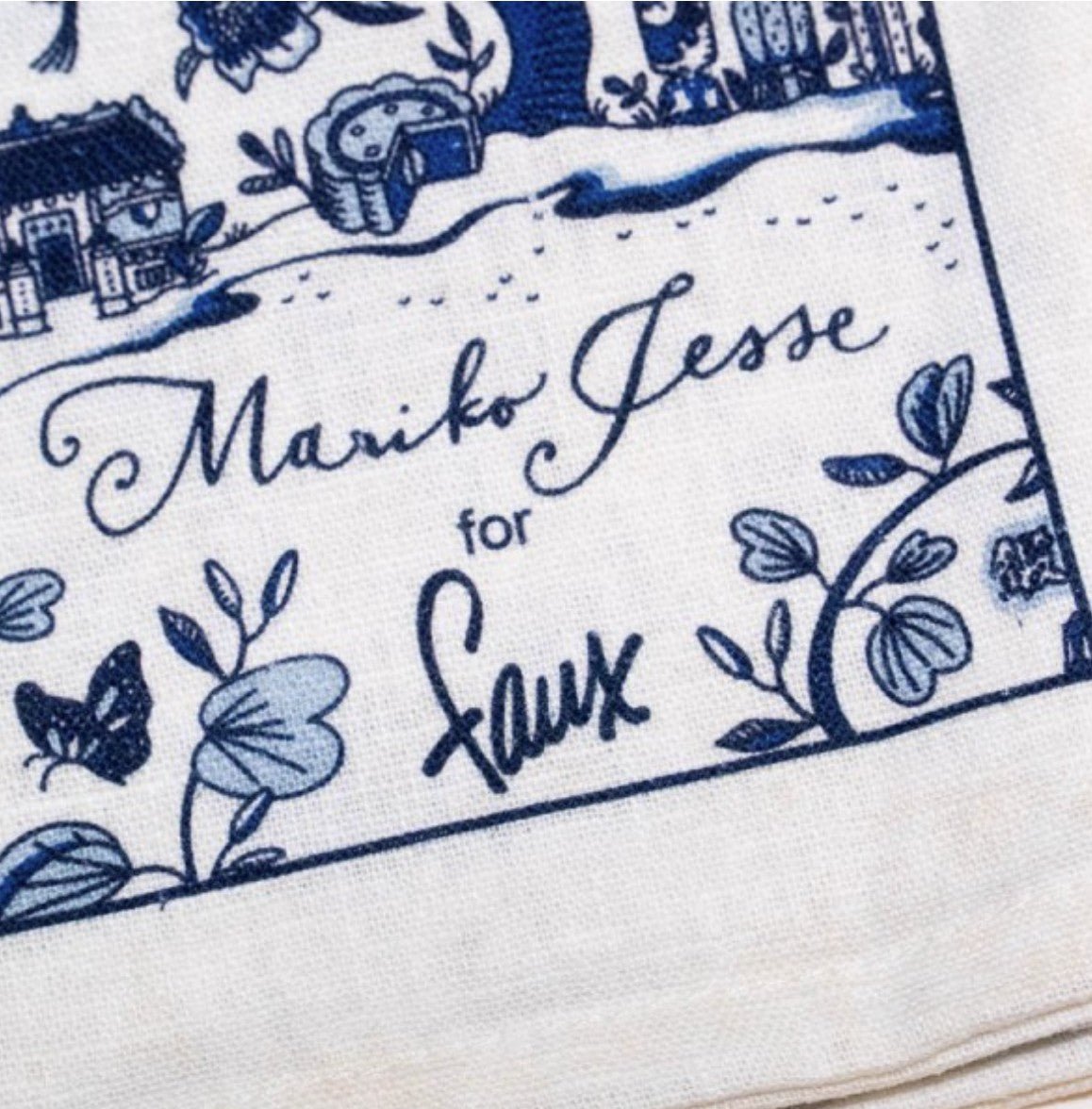 Blue HK Toile linen tea towel, highly absorbent, Faux