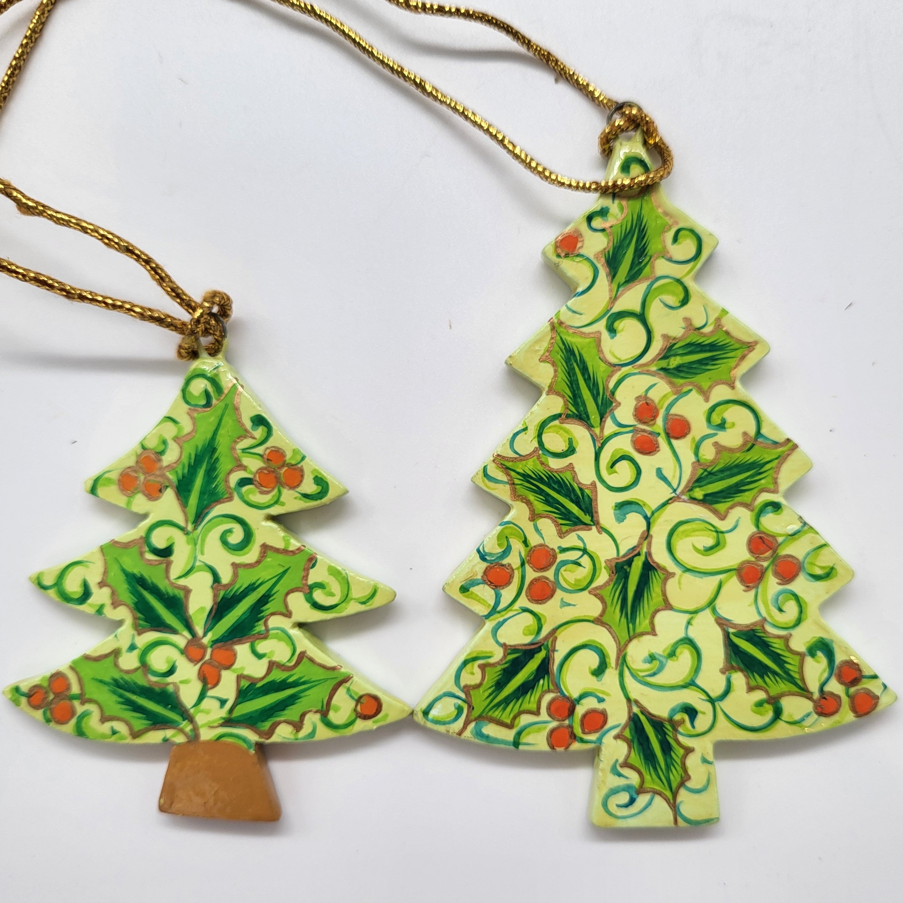 Flat papier mache Christmas tree, hand-painted holly design in green