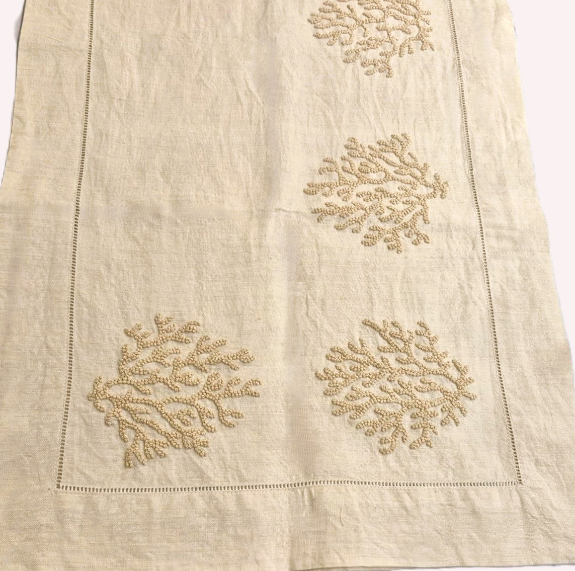 Hand embroidered natural linen table runner, coral motif, 40 x 200 cm