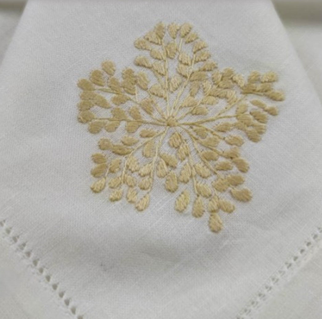 Beige floral corner on white linen napkins, hand embroidered, set of six