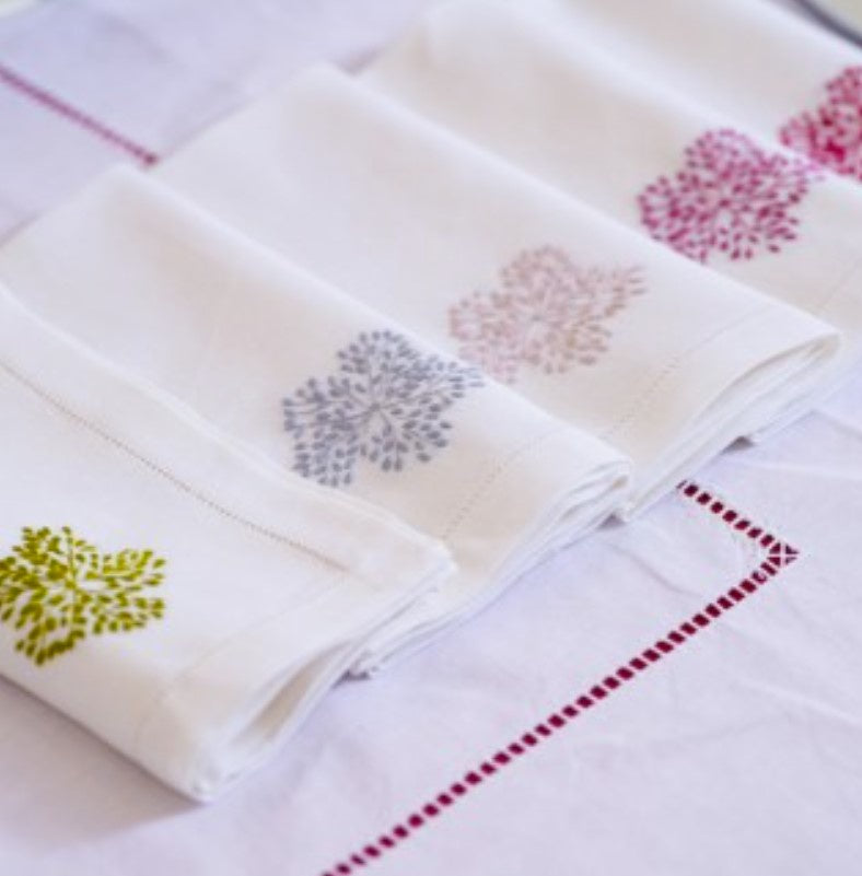 Pastel floral hand embroidered linen napkins, set of six, detail view