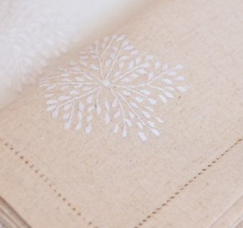Hand embroidered linen napkins, white floral corner on beige, set of six, 45 x 45 cm