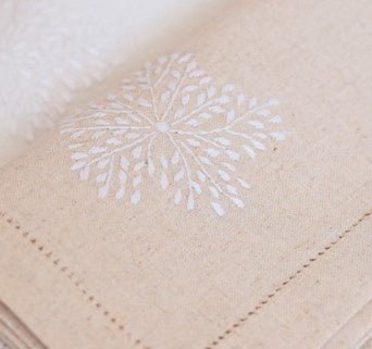 Hand embroidered linen napkins, white floral corner on beige, set of six, 45 x 45 cm
