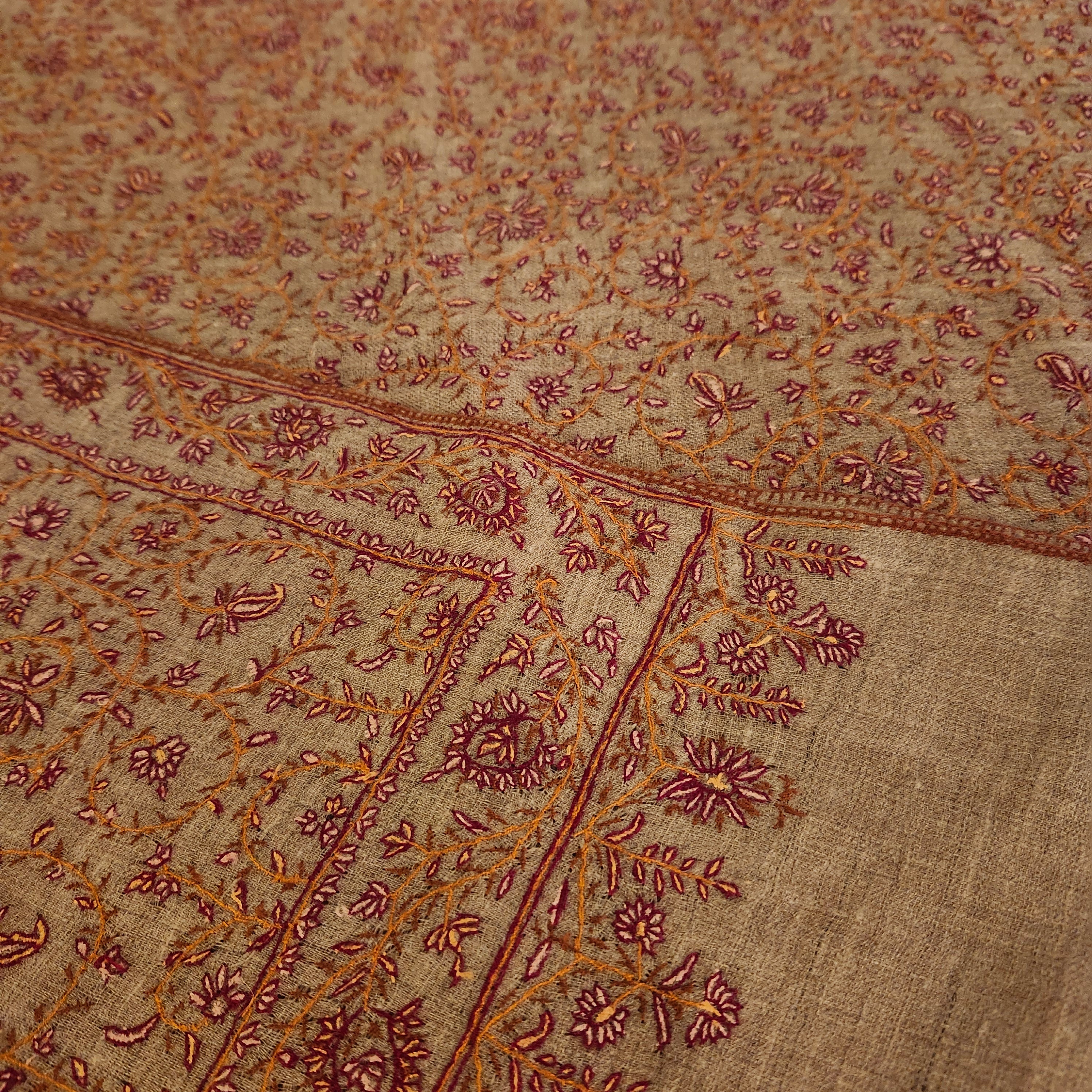 Floral hand embroidery on natural pashmina, finest quality, styled