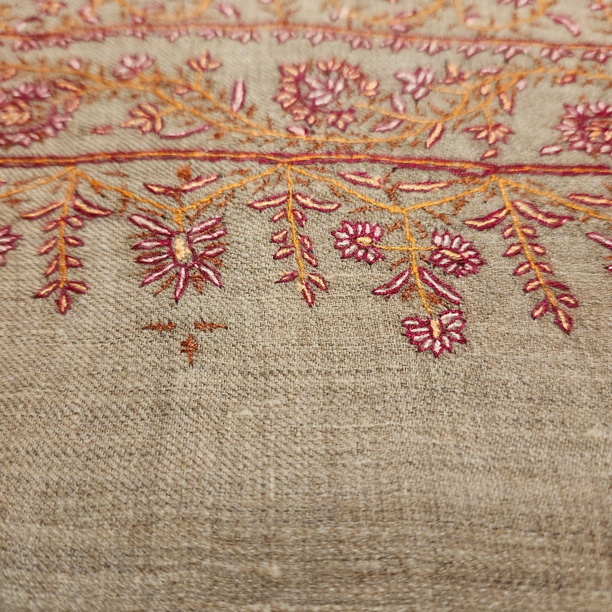 Hand-embroidered pashmina shawl, burgundy, pink and orange floral on natural, 200 x 96 cm