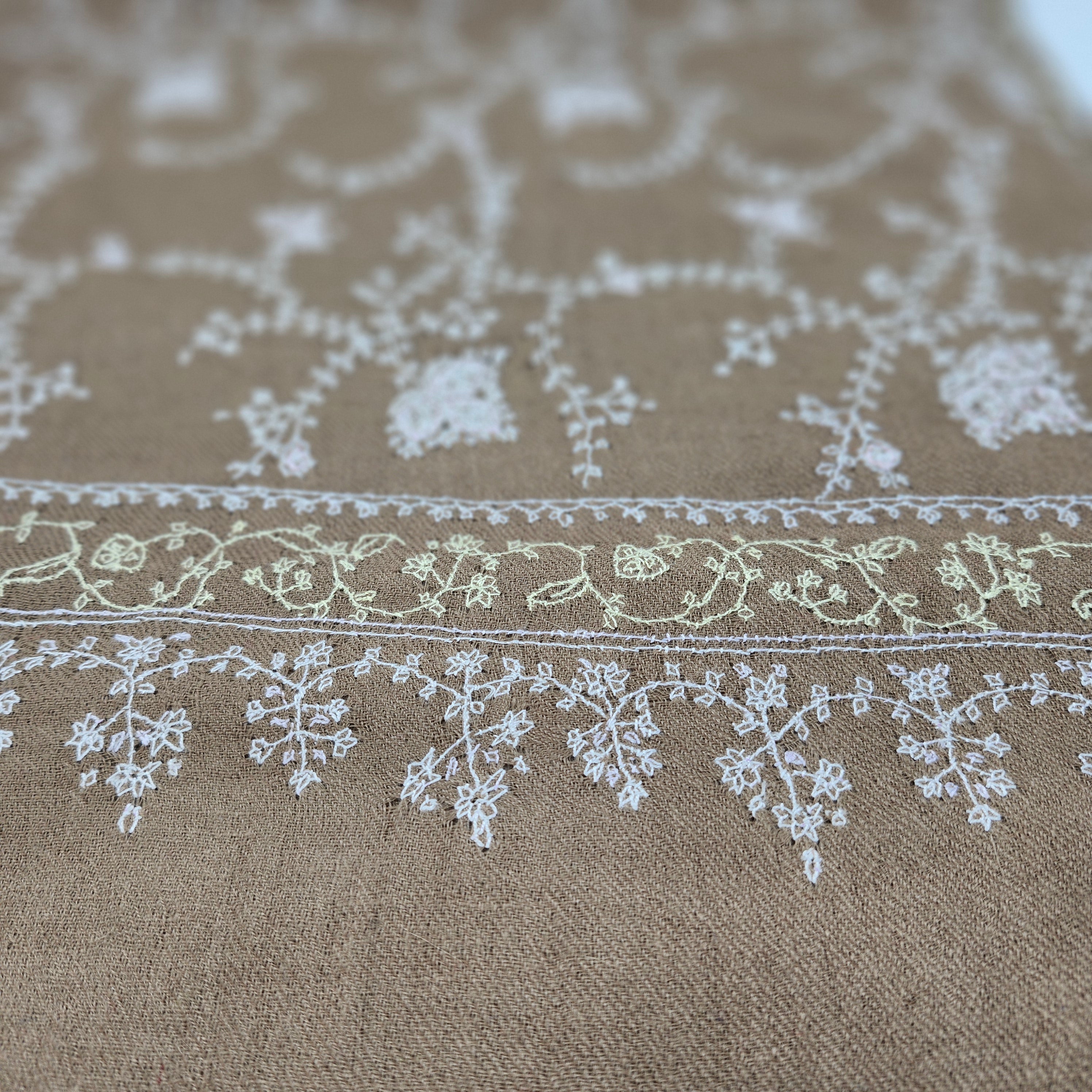 Hand-embroidered natural pashmina shawl, white, pink and yellow floral, 200 x 100 cm