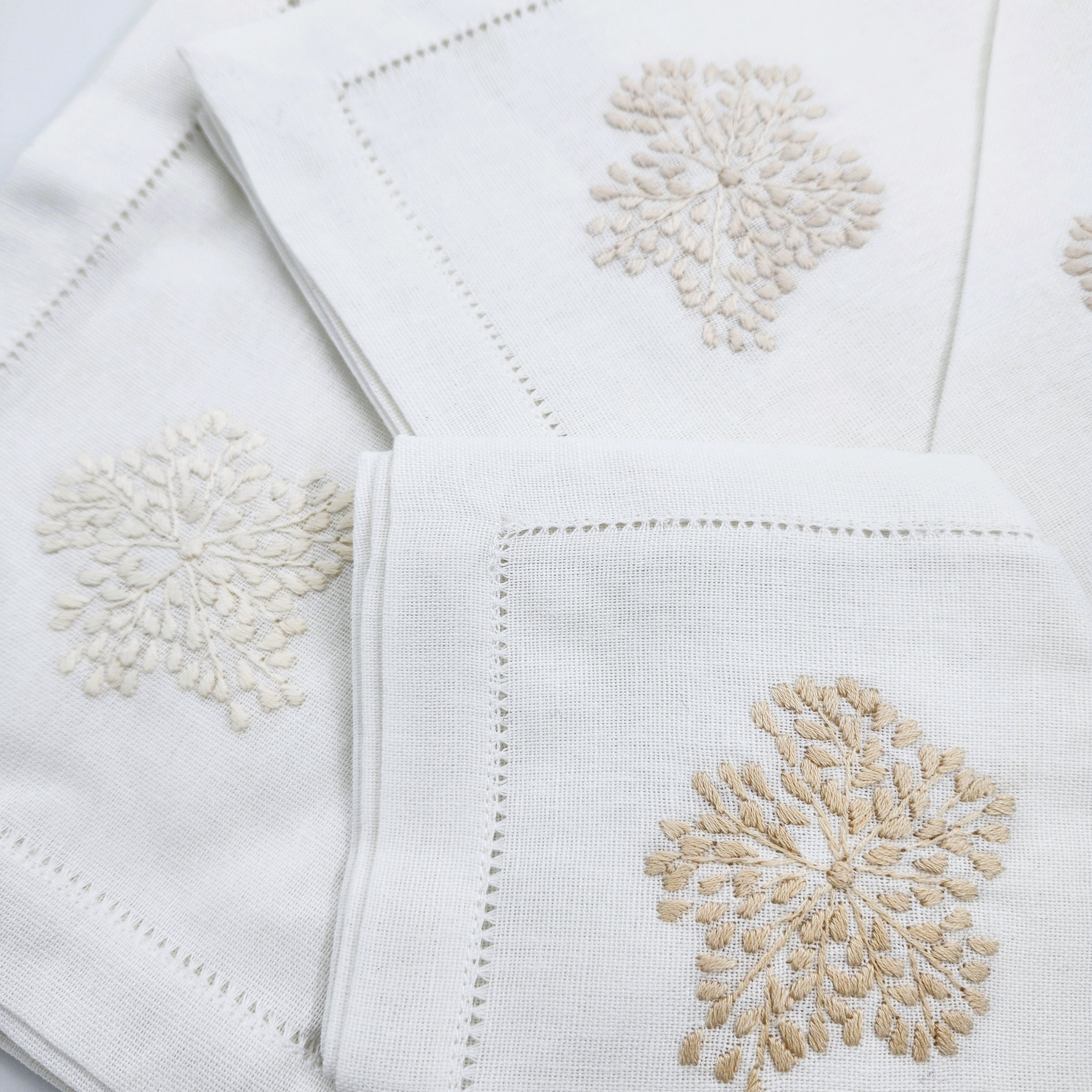 Hand embroidered linen napkins, beige floral corner on white, set of six, 45 x 45 cm