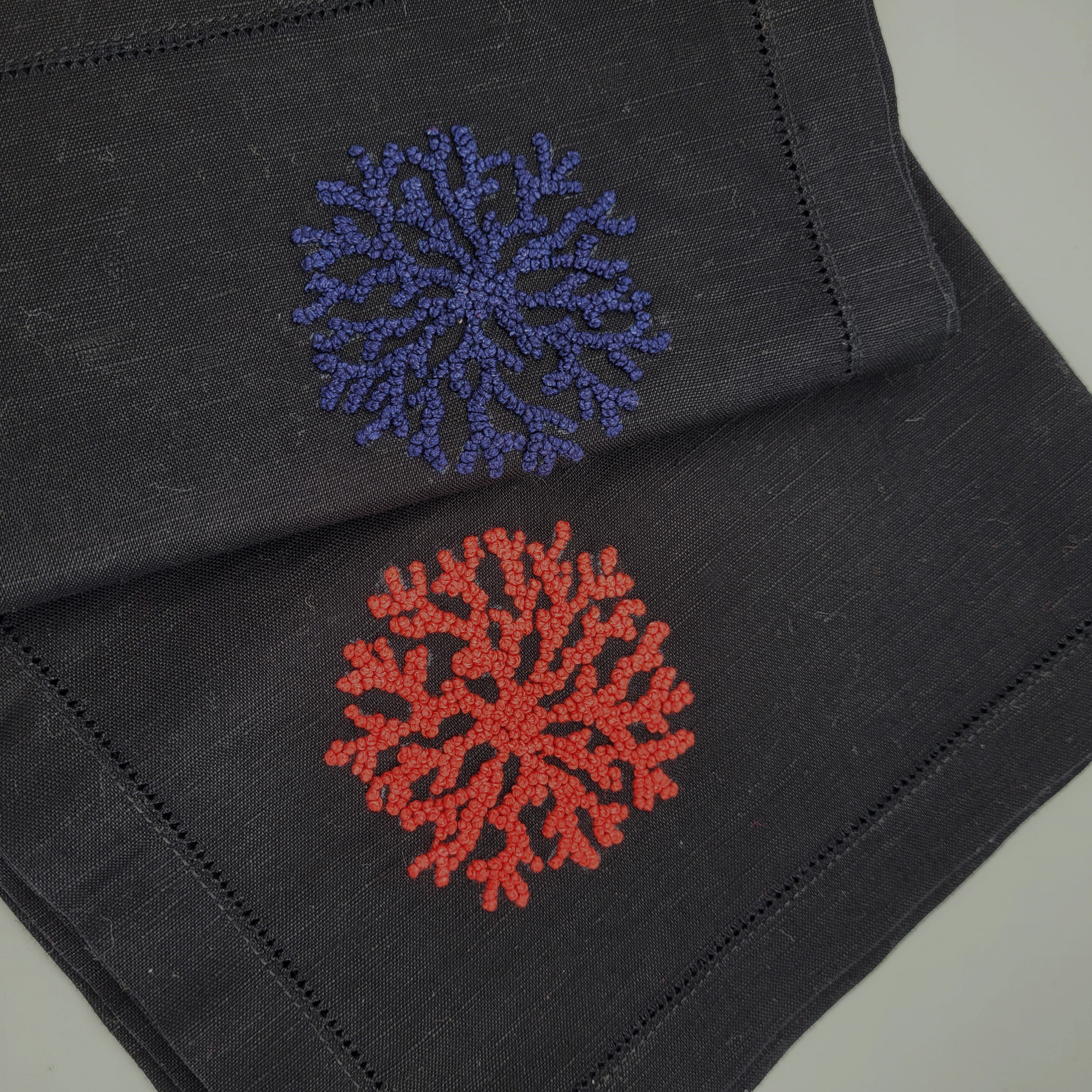 Hand embroidered linen napkins, coral motif in red and navy on black, set of six, 45 x 45 cm