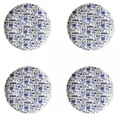 HK Toile 8 inch side plates in blue, fine bone china, set of four, Faux
