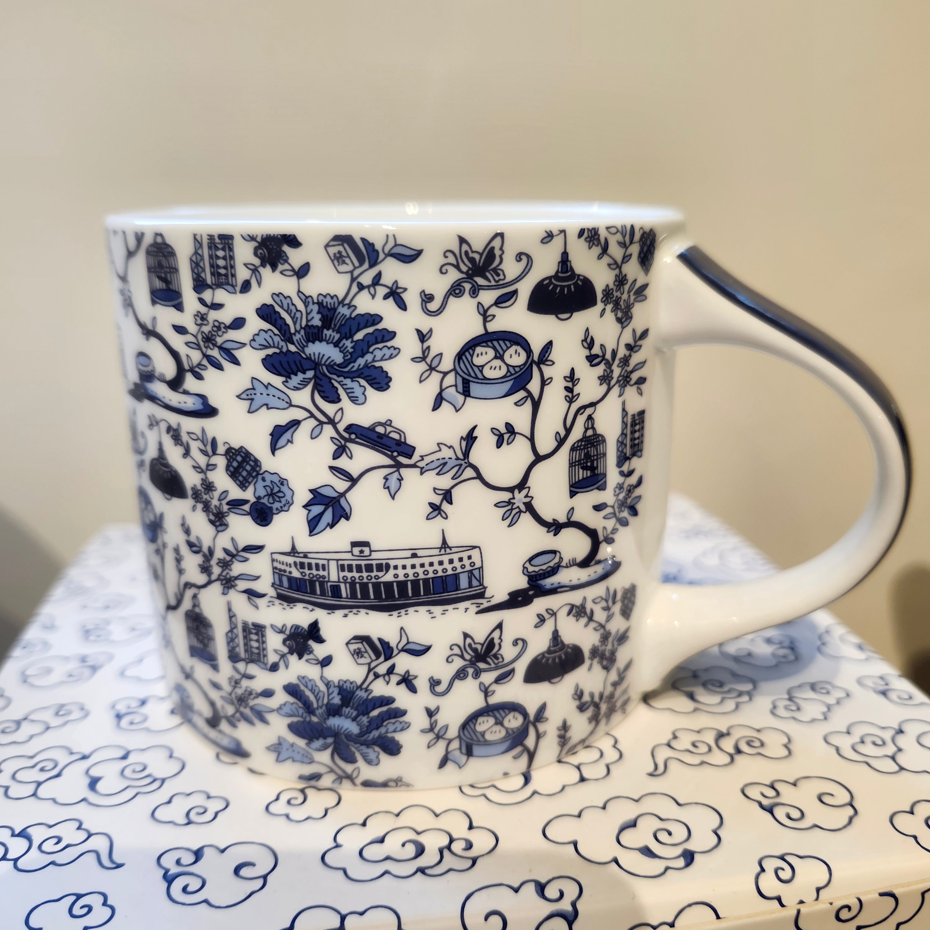 HK Toile mug in blue, fine bone china, 9 x 8 cm, Faux