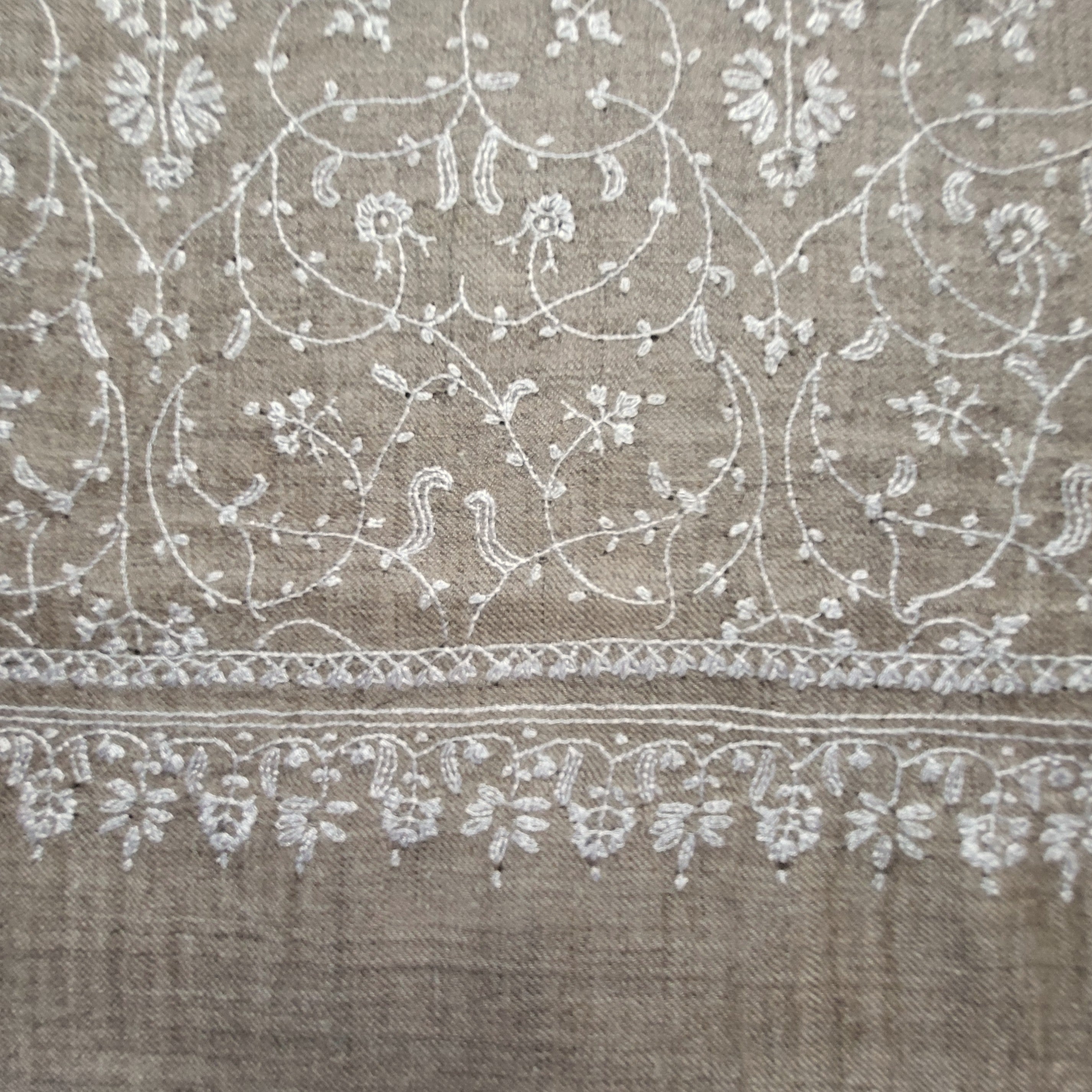 Hand-embroidered natural pashmina shawl, delicate white floral, draped
