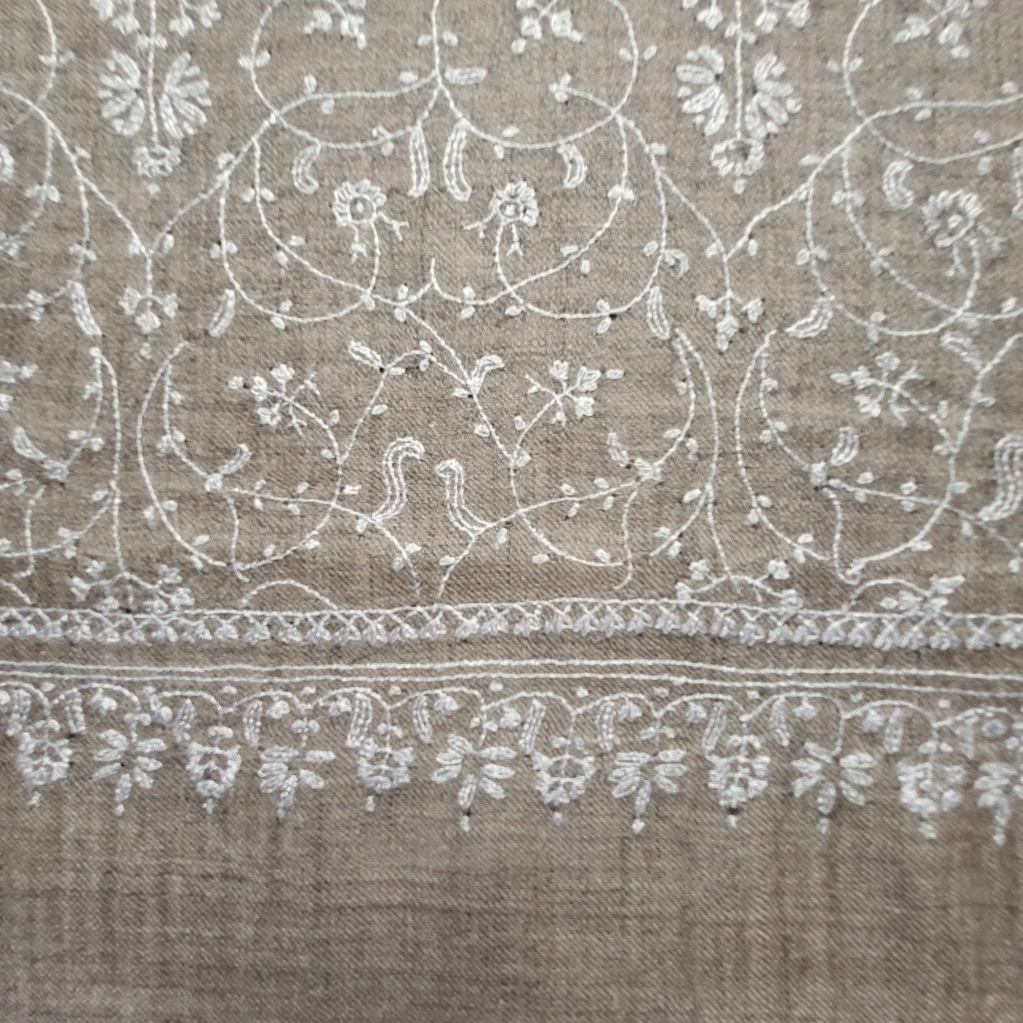 Hand-embroidered natural pashmina shawl, delicate white floral, draped