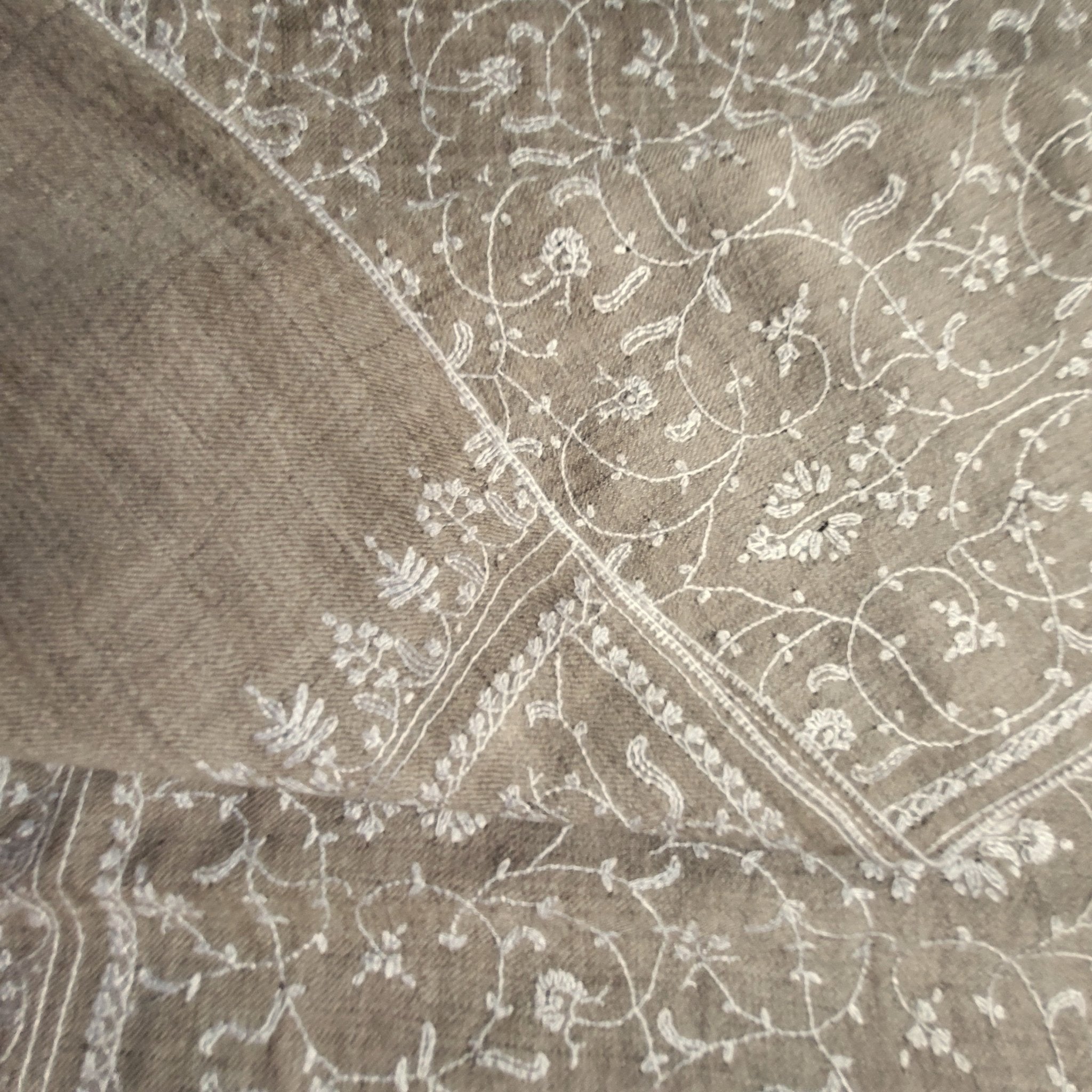 White floral hand embroidery on natural pashmina, finest quality, detail view