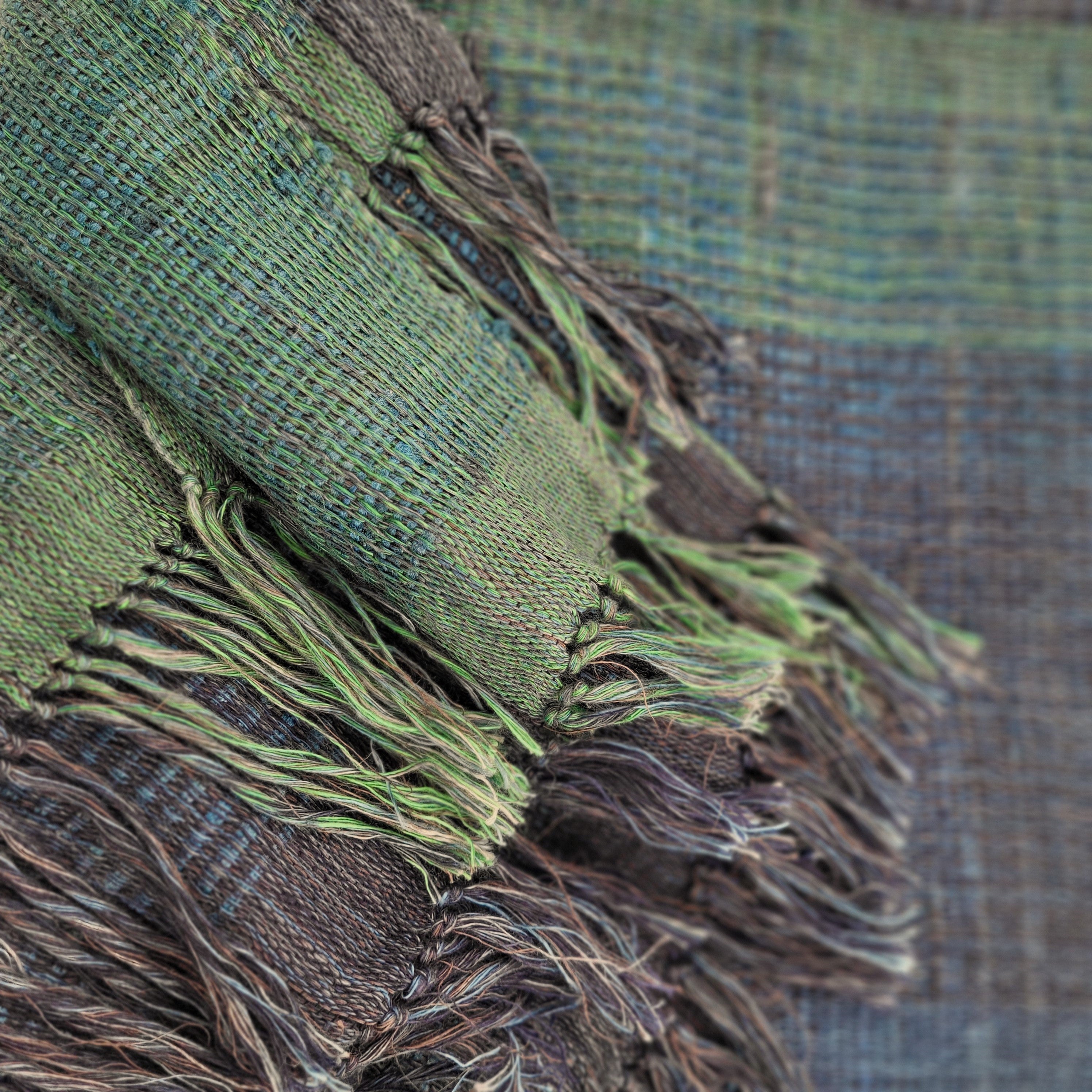 Blue handwoven linen and silk throw, navy to pale blue tones, India