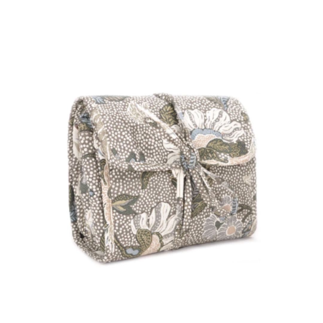 Khaki Flower Linen hanging cosmetic bag by Ceannis, six zipped compartments