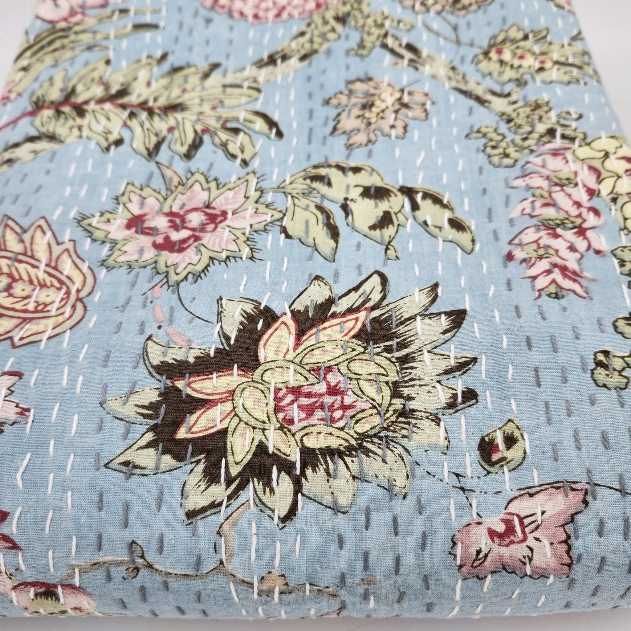 Light blue floral kantha throw and bedspread, hand stitched cotton, 225 x 275 cm